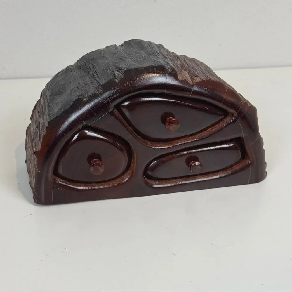 Vintage Handmade Burl Wood 3 Drawer Trinket Box